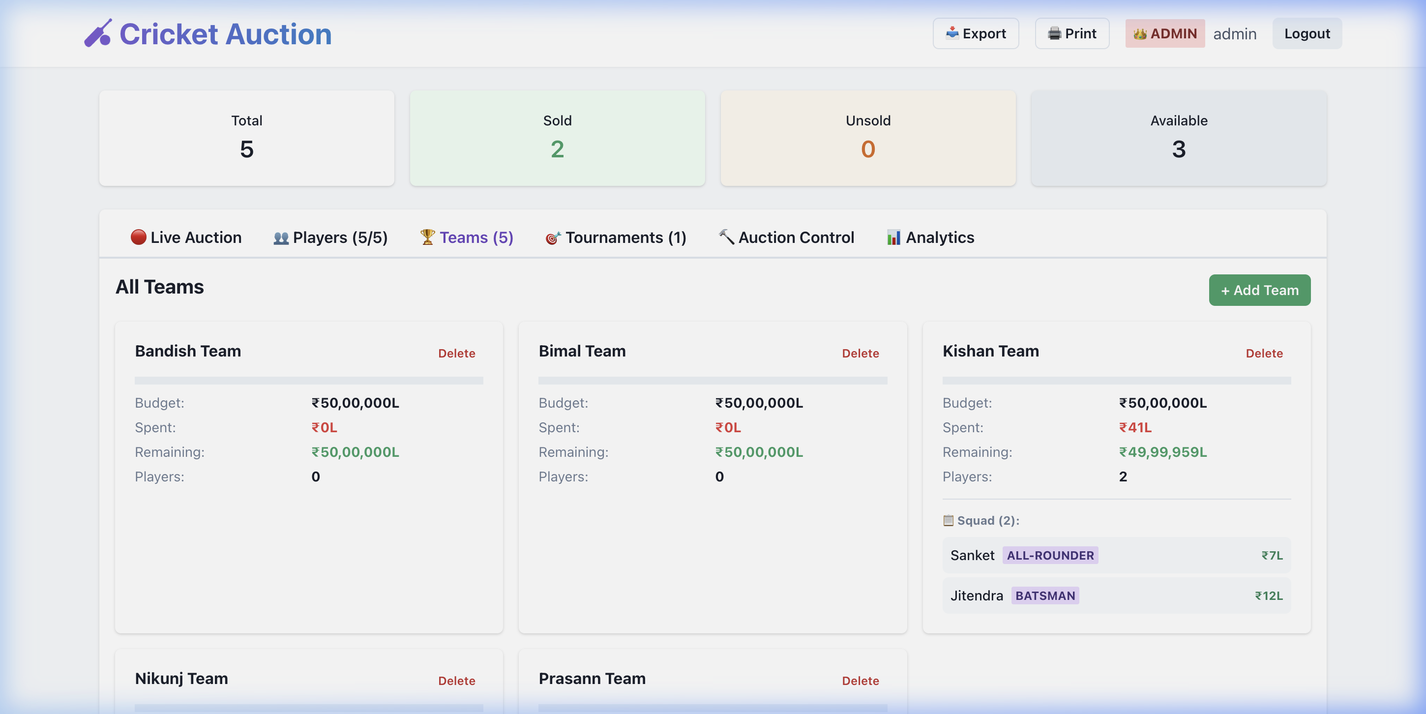 Cricket Auction Team Dashboard